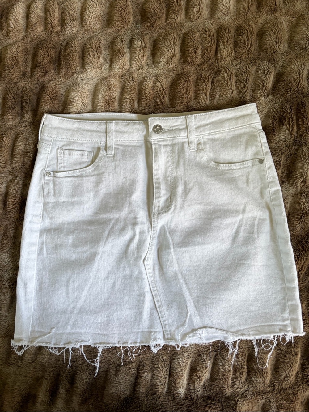 White Denim Mini Skirt with Raw Hem